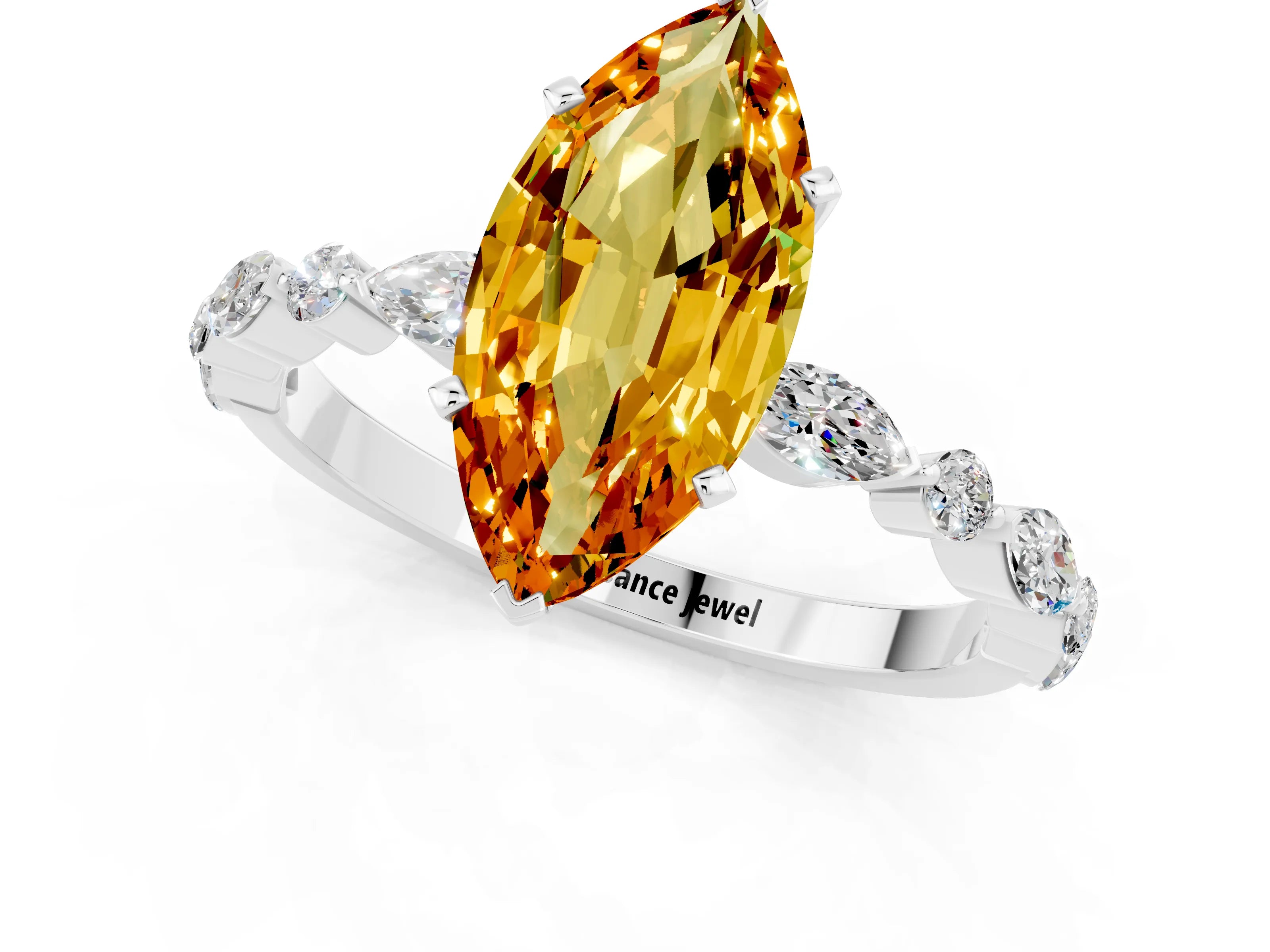 White gold Marquise Cut Citrine Solitaire with Side Stones on a Pavé Band and Four-Prong Setting_1