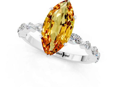 White gold Marquise Cut Citrine Solitaire with Side Stones on a Pavé Band and Four-Prong Setting_1