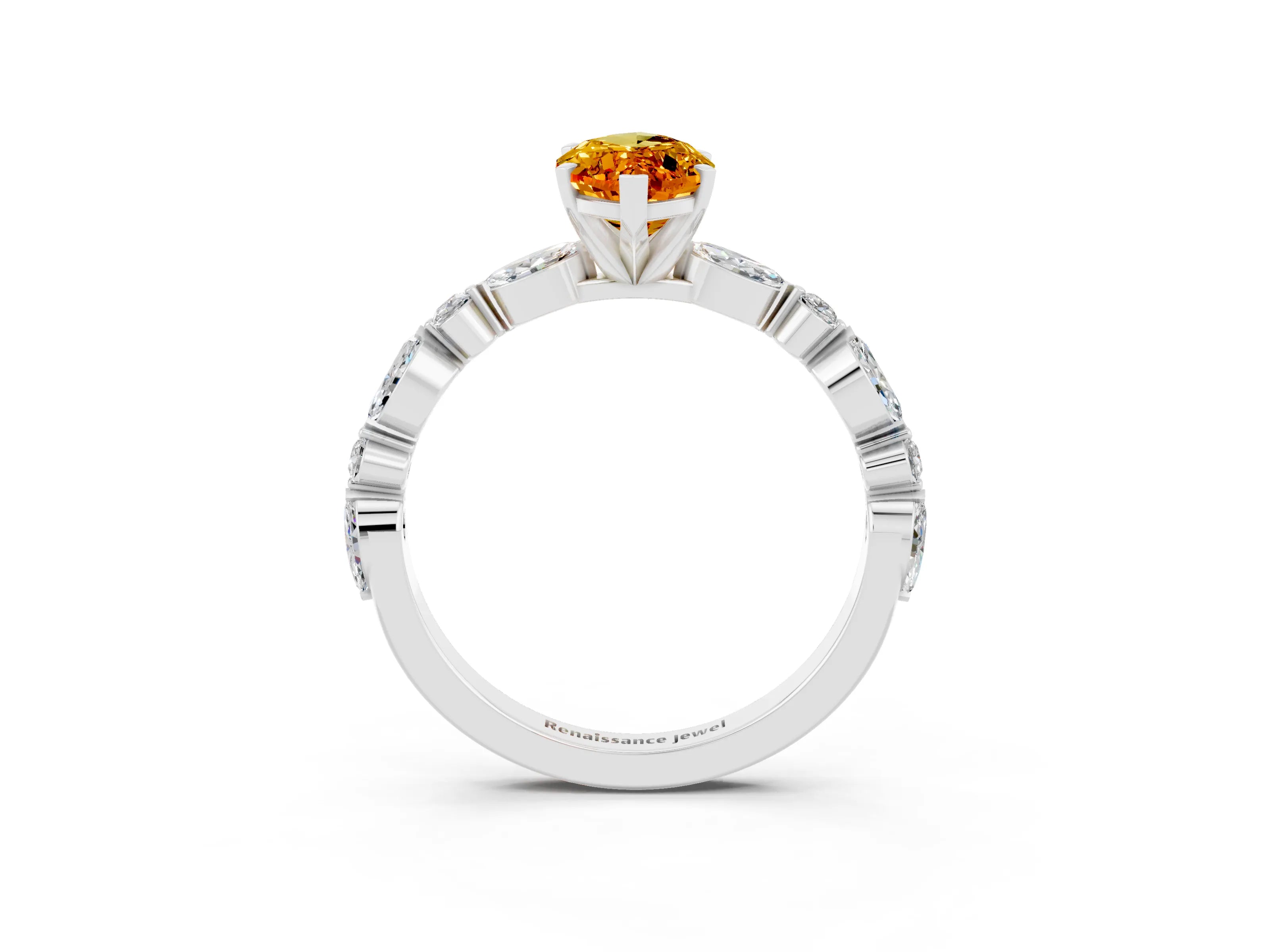 White gold Marquise Cut Citrine Solitaire with Side Stones on a Pavé Band and Four-Prong Setting_3