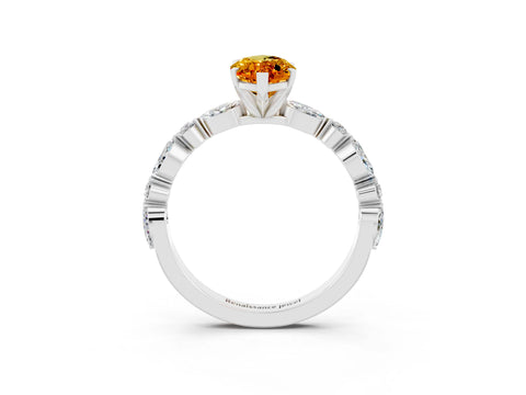 White gold Marquise Cut Citrine Solitaire with Side Stones on a Pavé Band and Four-Prong Setting_3