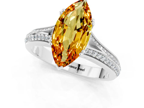 White gold Marquise Cut Citrine Split Shank Engagement Ring with Pavé Band_1