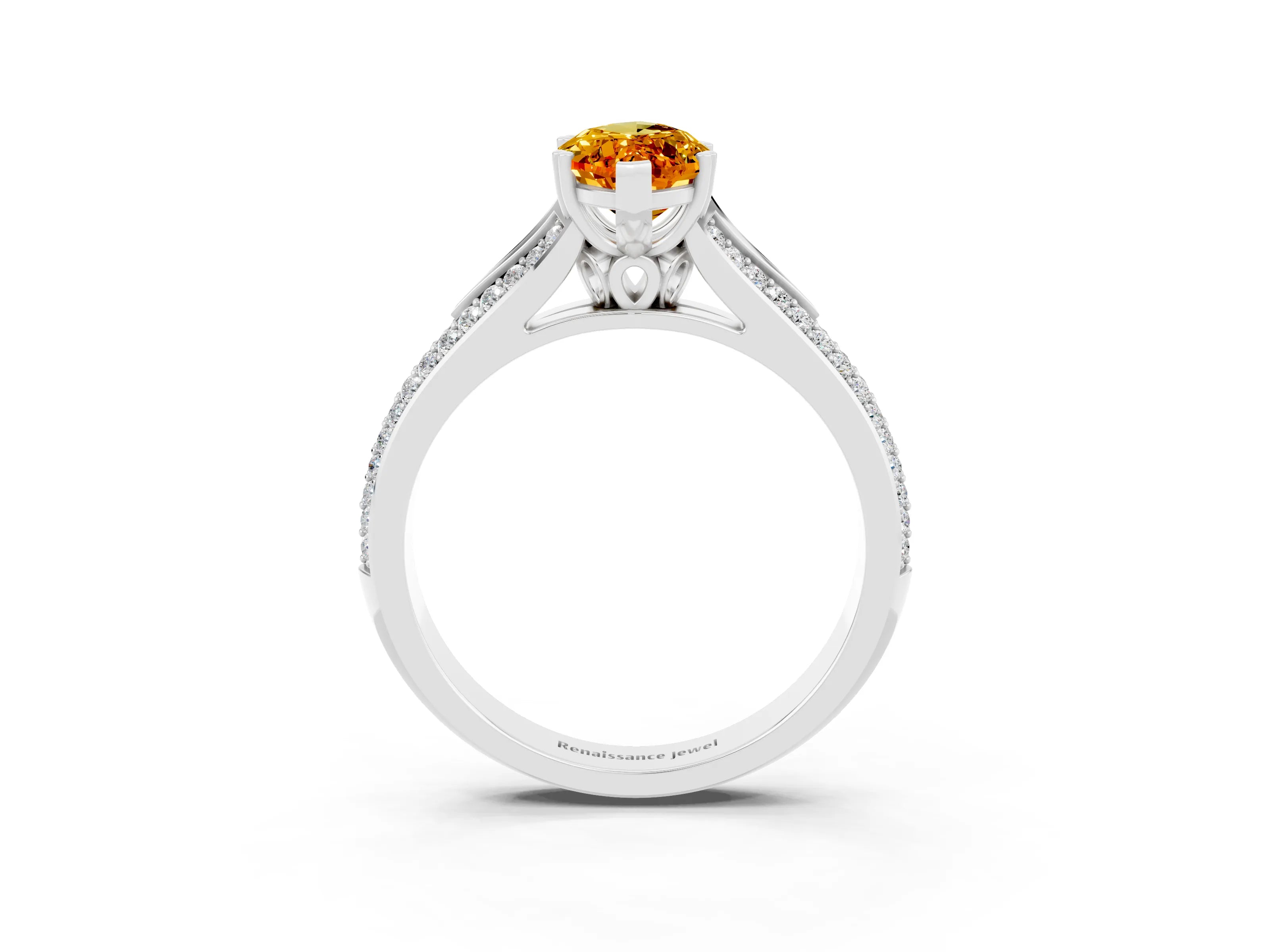 White gold Marquise Cut Citrine Split Shank Engagement Ring with Pavé Band_3