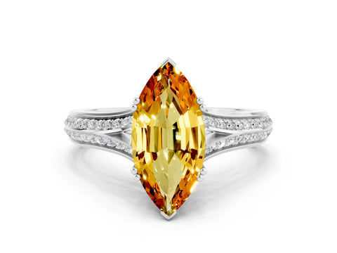 White gold Marquise Cut Citrine Split Shank Engagement Ring with Pavé Band