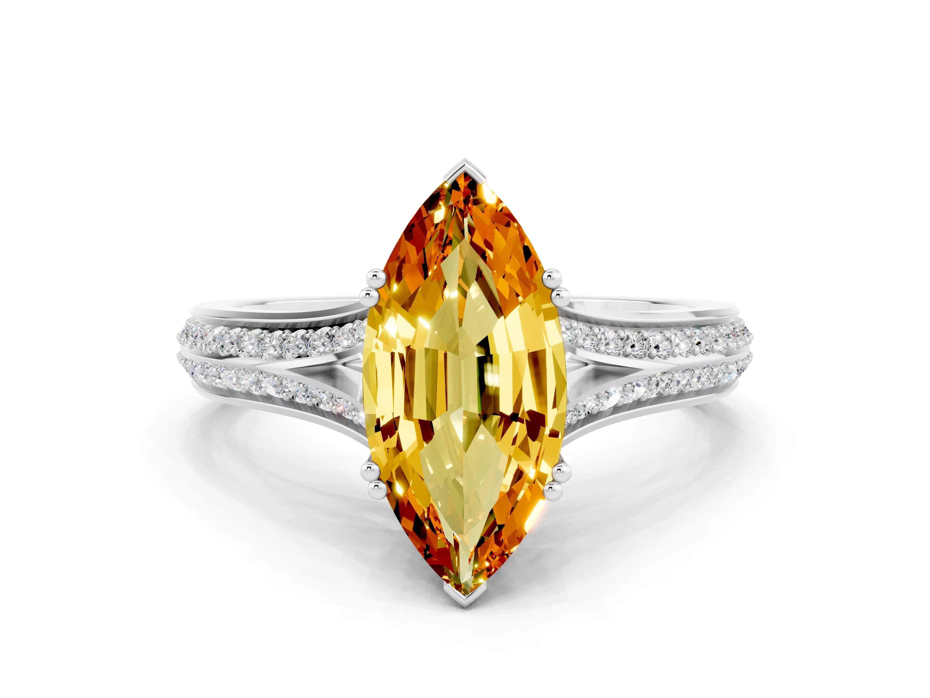 White gold Marquise Cut Citrine Split Shank Engagement Ring with Pavé Band