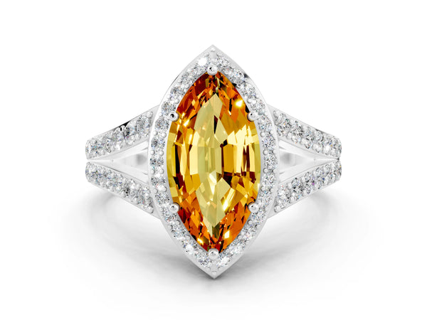 Platinum Marquise Cut Citrine Split Shank Halo Ring with Four-Prong Setting