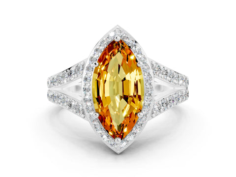 White gold Marquise Cut Citrine Split Shank Halo Ring with Four-Prong Setting_12