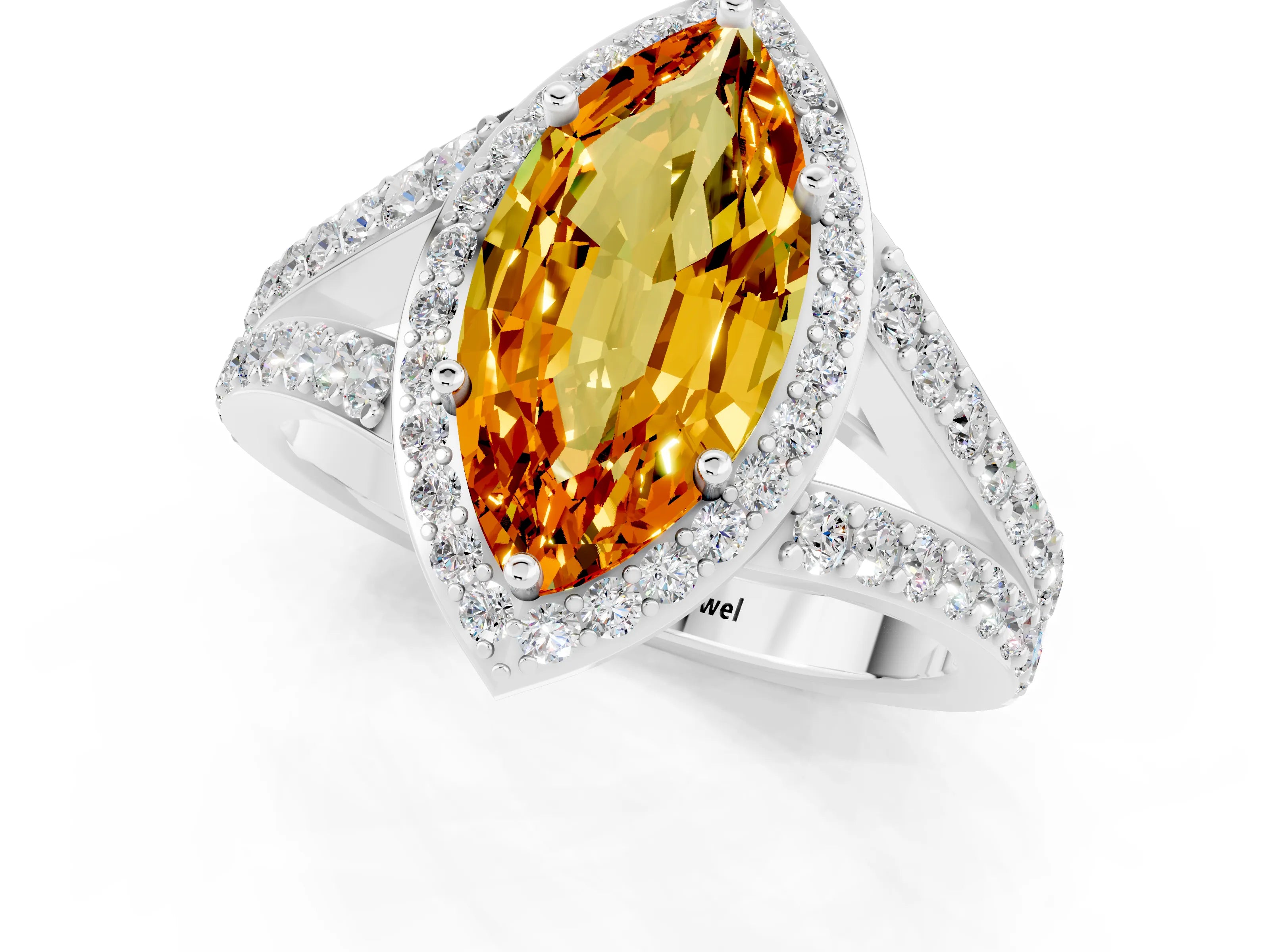 White gold Marquise Cut Citrine Split Shank Halo Ring with Four-Prong Setting_13