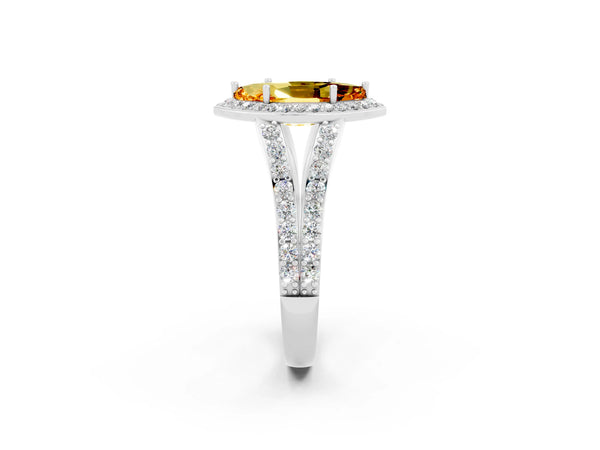 Platinum Marquise Cut Citrine Split Shank Halo Ring with Four-Prong Setting