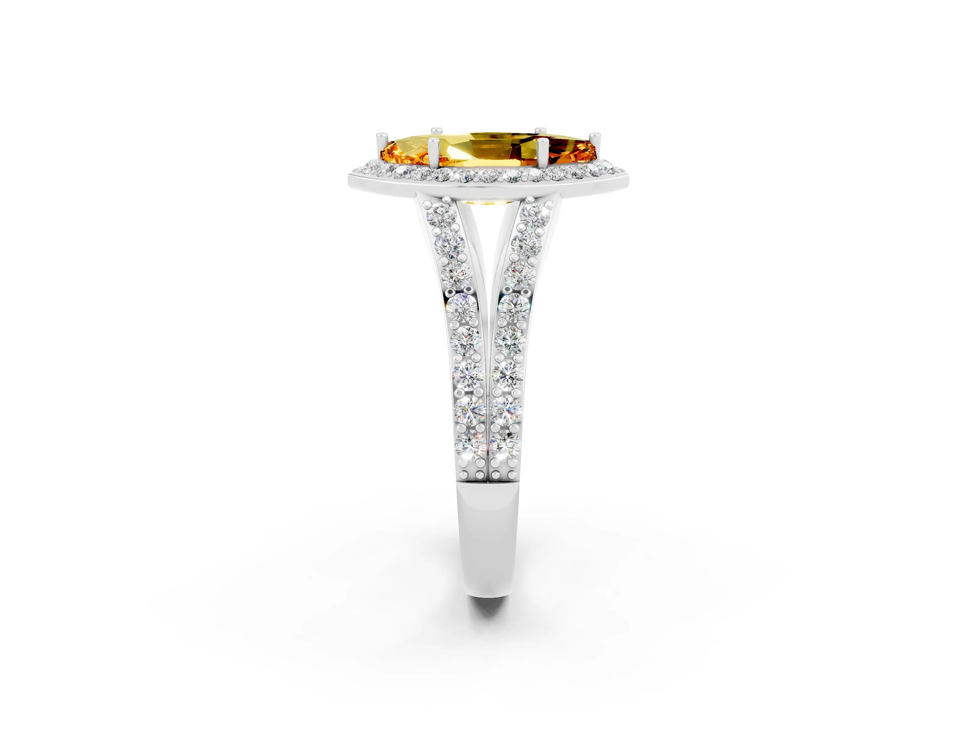 White gold Marquise Cut Citrine Split Shank Halo Ring with Four-Prong Setting_14