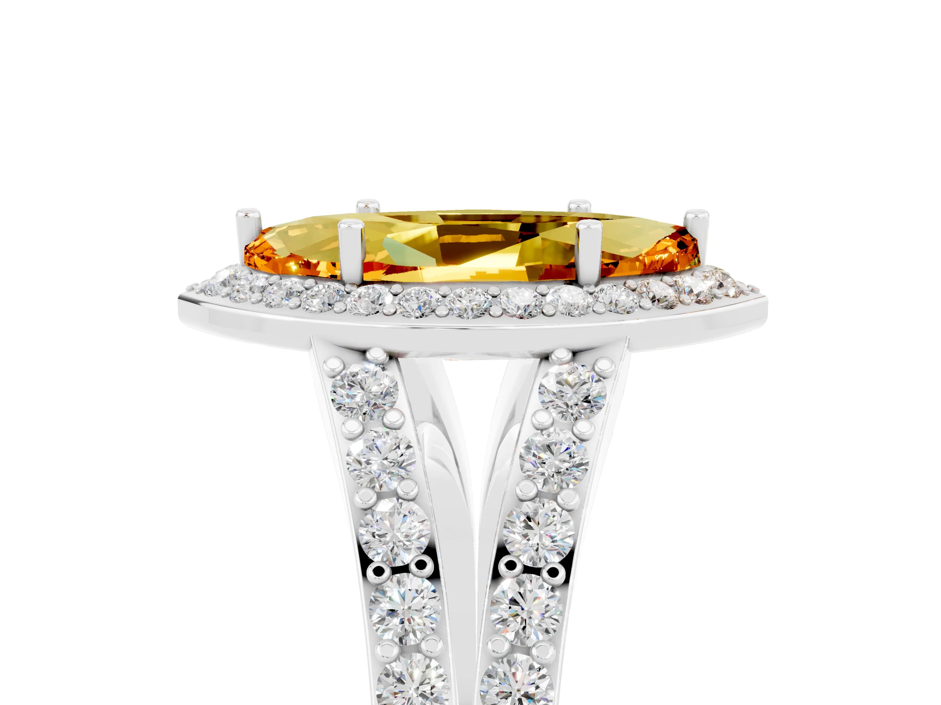 White gold Marquise Cut Citrine Split Shank Halo Ring with Four-Prong Setting_17