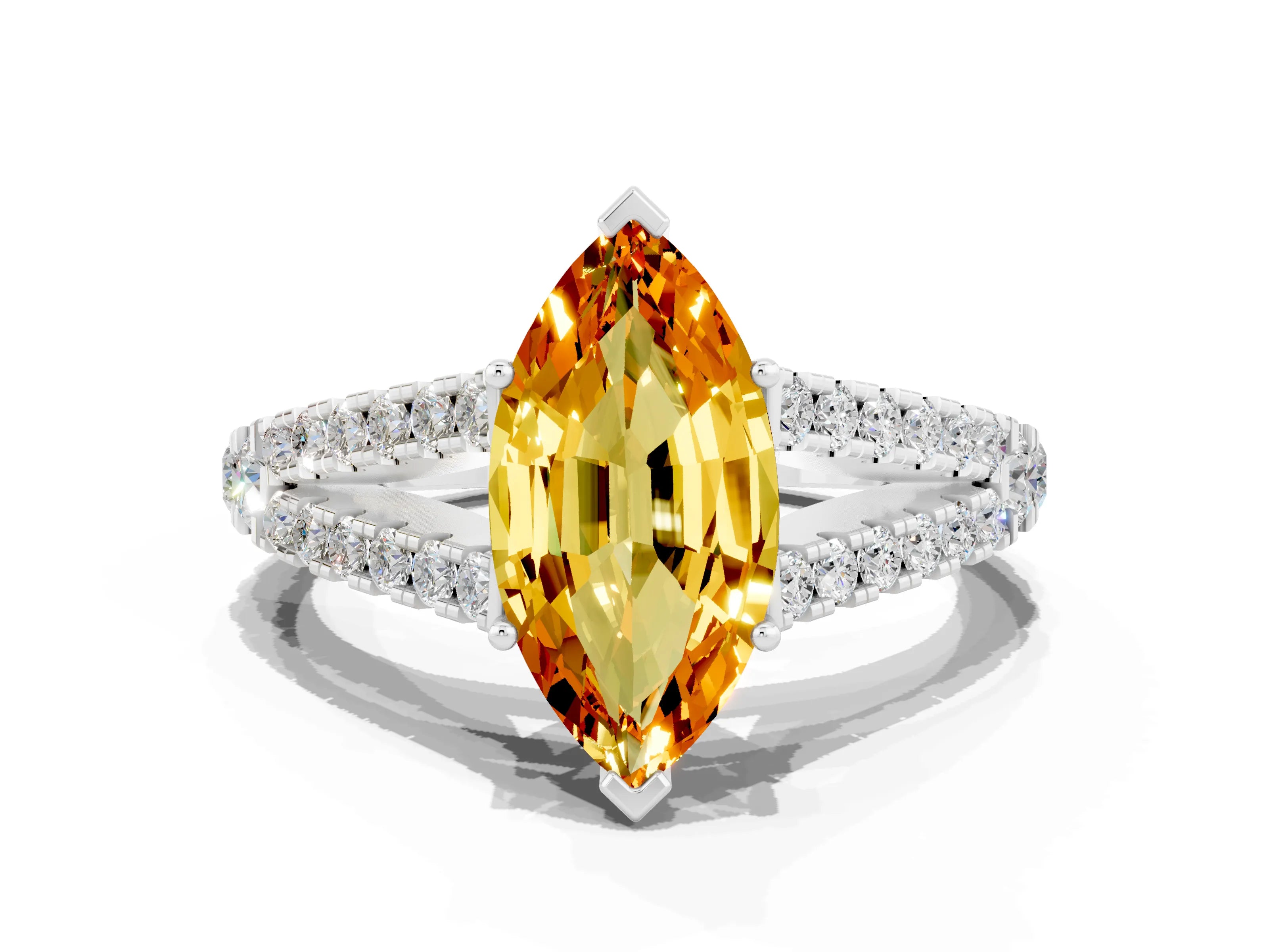 White gold Marquise Cut Citrine Split Shank Pavé Engagement Ring with Four-Prong Setting_12