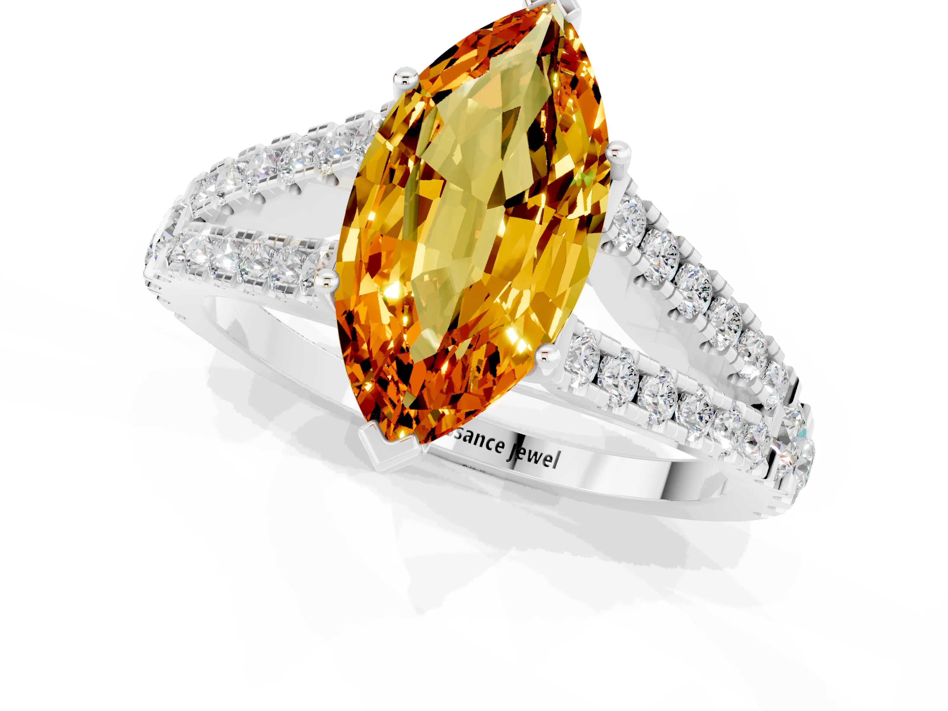 White gold Marquise Cut Citrine Split Shank Pavé Engagement Ring with Four-Prong Setting_13