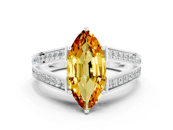 Platinum Marquise Cut Citrine Split Shank Ring with Pavé Band and Four-Prong Setting