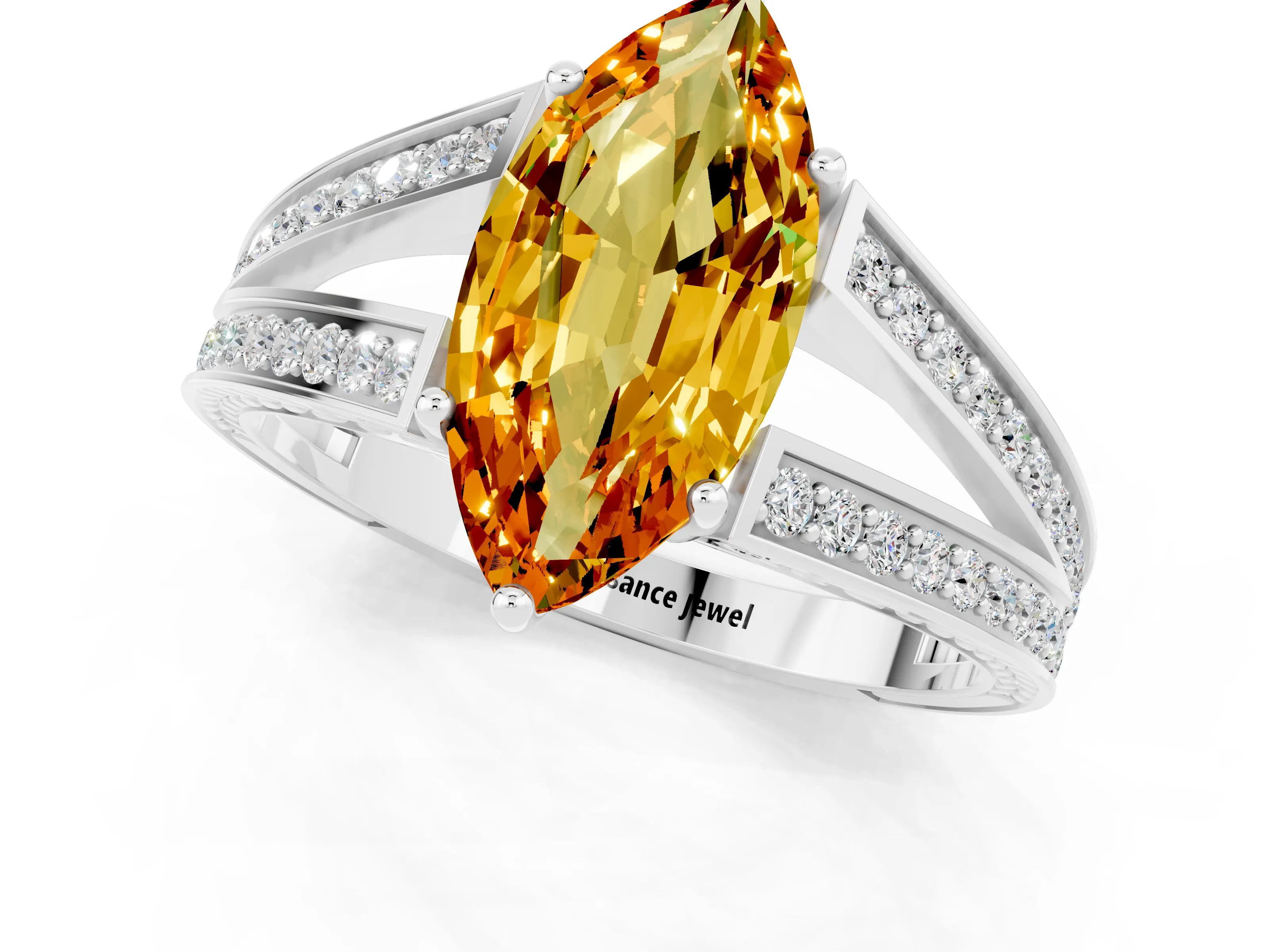 White gold Marquise Cut Citrine Split Shank Ring with Pavé Band and Four-Prong Setting_1