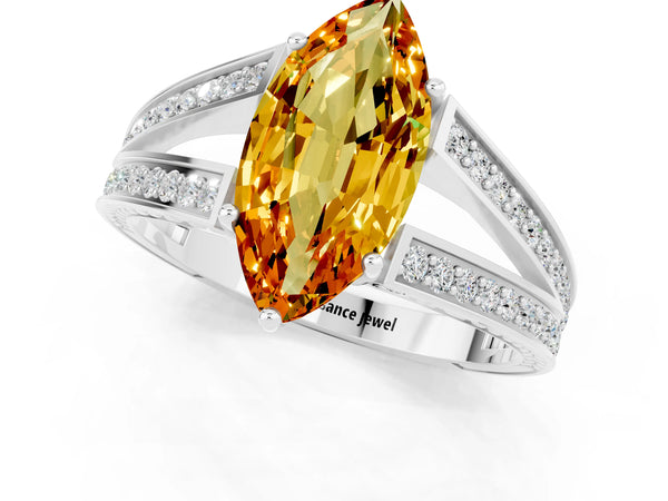 Silver Marquise Cut Citrine Split Shank Ring with Pavé Band and Four-Prong Setting