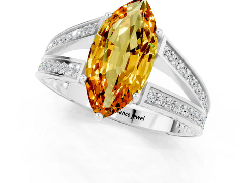 White gold Marquise Cut Citrine Split Shank Ring with Pavé Band and Four-Prong Setting_1