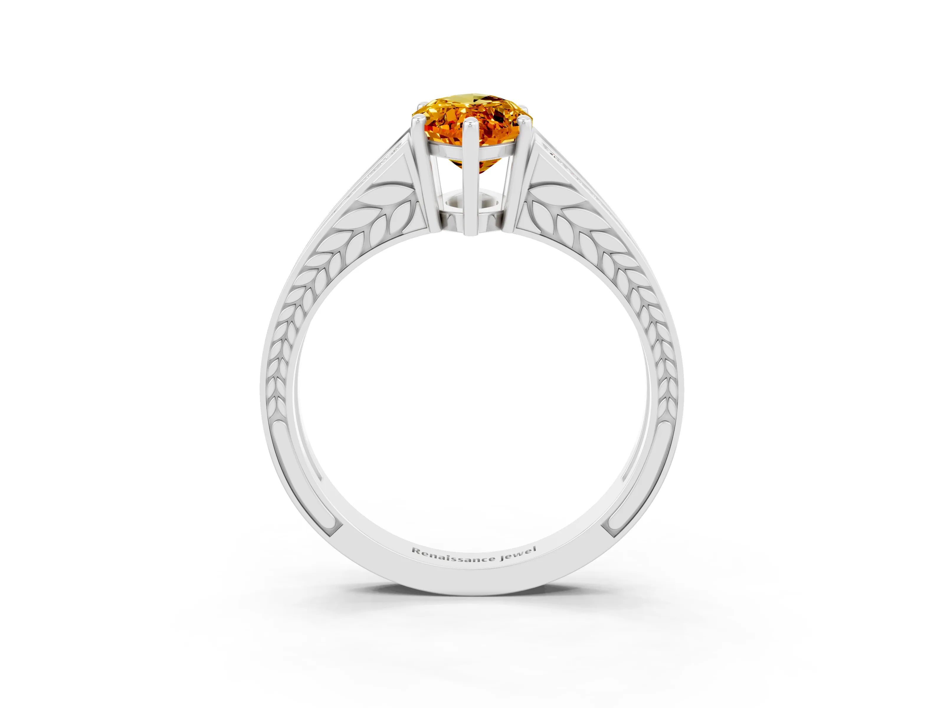 White gold Marquise Cut Citrine Split Shank Ring with Pavé Band and Four-Prong Setting_3