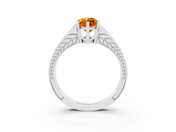 White gold Marquise Cut Citrine Split Shank Ring with Pavé Band and Four-Prong Setting
