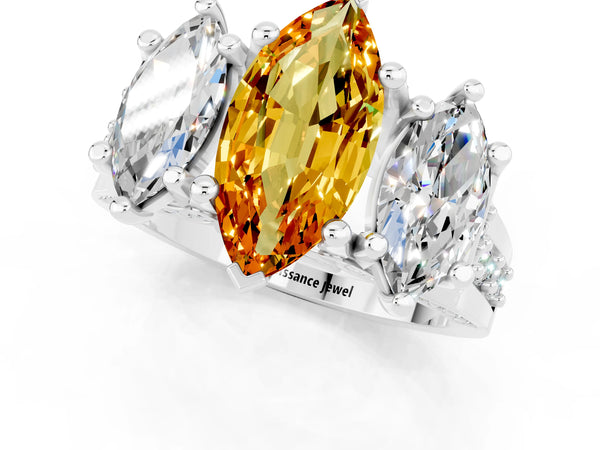 Platinum Marquise Cut Citrine Three-Stone Ring with Channel Set Band and Four-Prong Setting