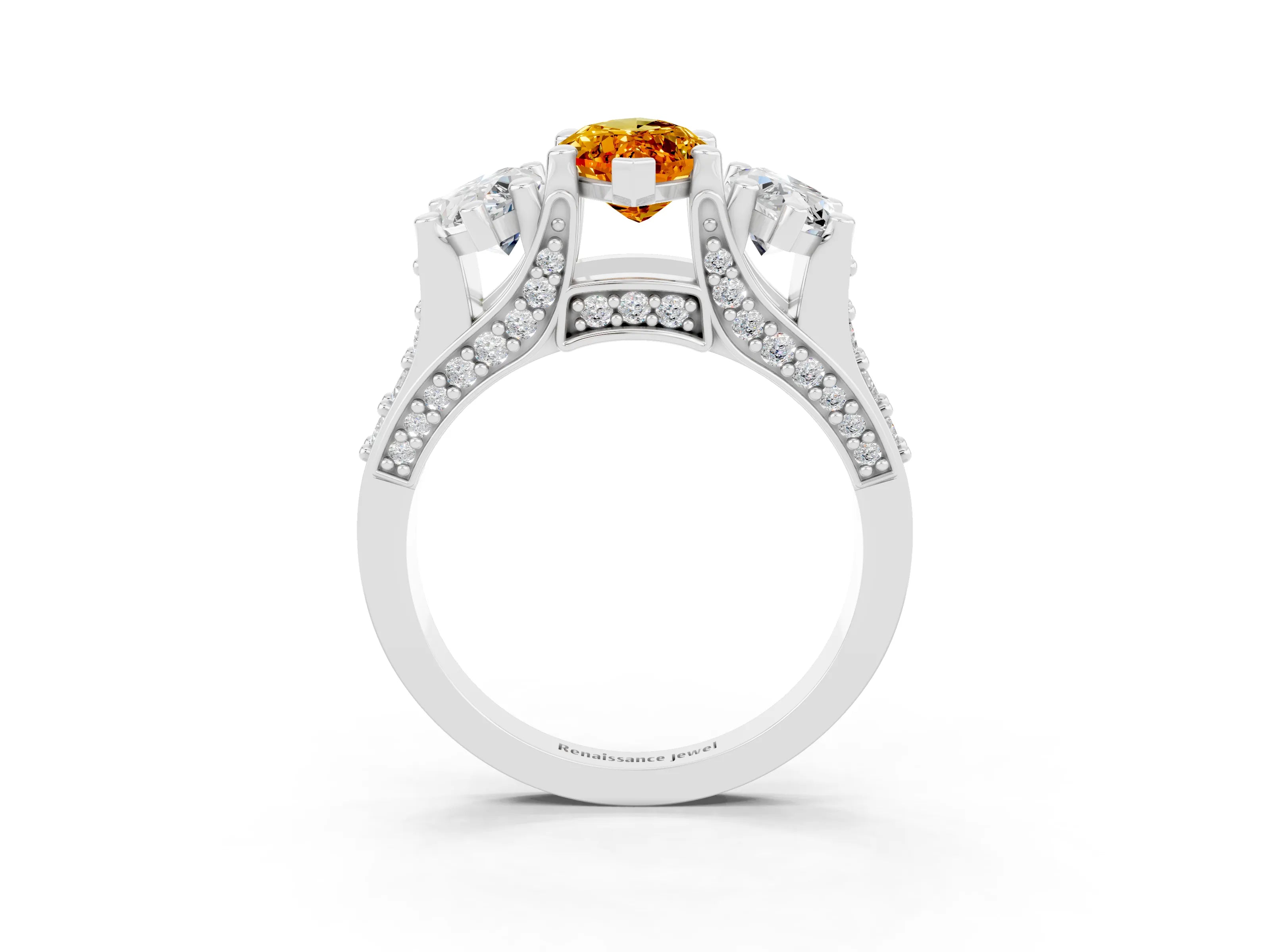 White gold Marquise Cut Citrine Three-Stone Ring with Channel Set Band and Four-Prong Setting_3