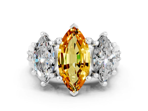 White gold Marquise Cut Citrine Three-Stone Ring with Channel Set Band and Four-Prong Setting