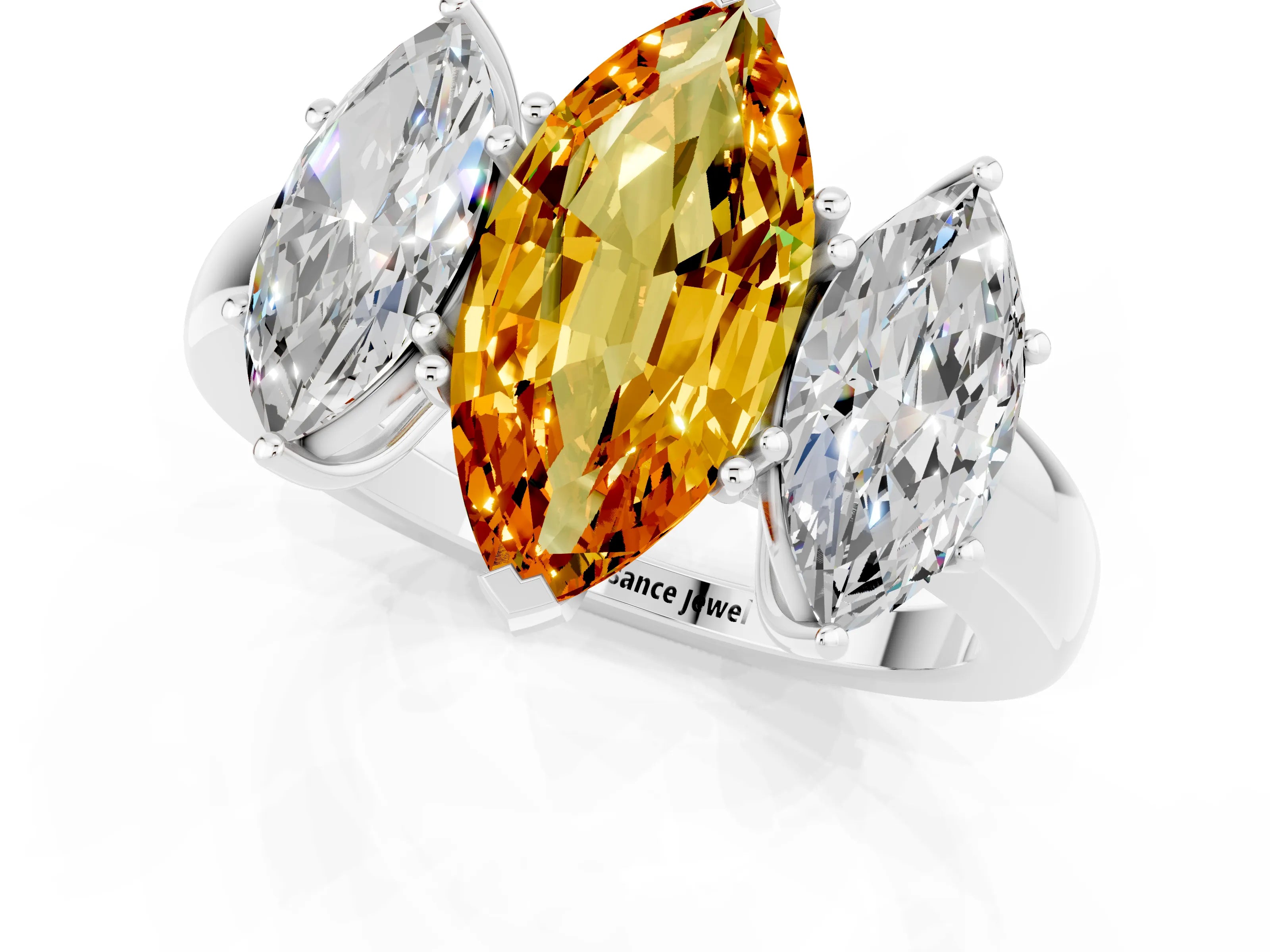 White gold Marquise Cut Citrine Three-Stone Ring with Four-Prong Setting and Classic Band_1