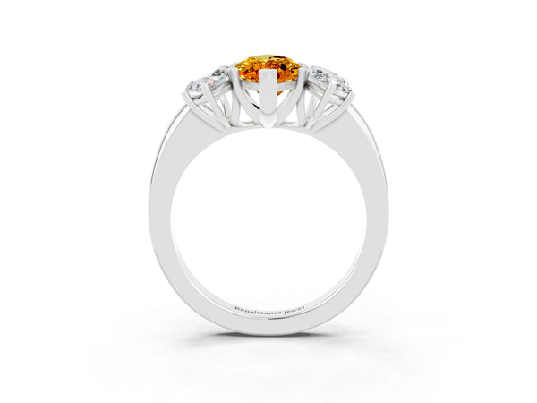 Platinum Marquise Cut Citrine Three-Stone Ring with Four-Prong Setting and Classic Band