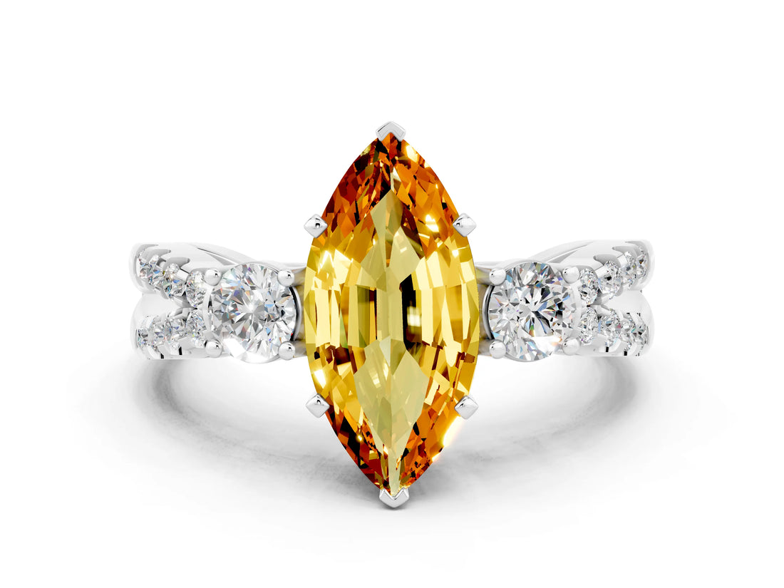 White gold Marquise Cut Citrine Three-Stone Ring with Pavé Split Shank and Four-Prong Setting_12