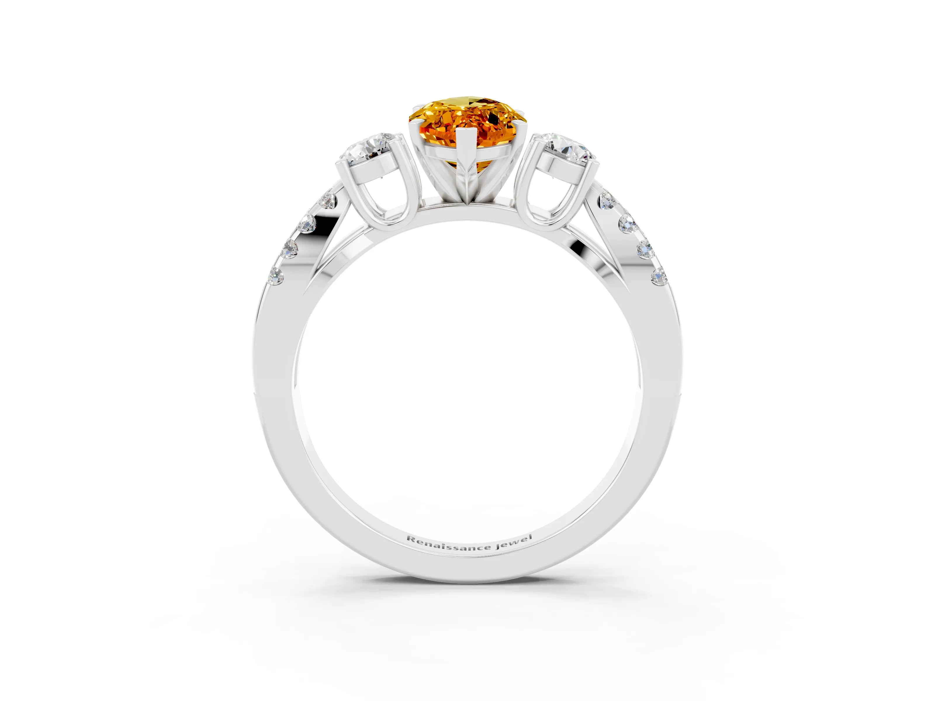 White gold Marquise Cut Citrine Three-Stone Ring with Pavé Split Shank and Four-Prong Setting_15