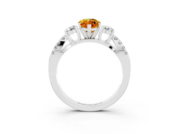 Silver Marquise Cut Citrine Three-Stone Ring with Pavé Split Shank and Four-Prong Setting