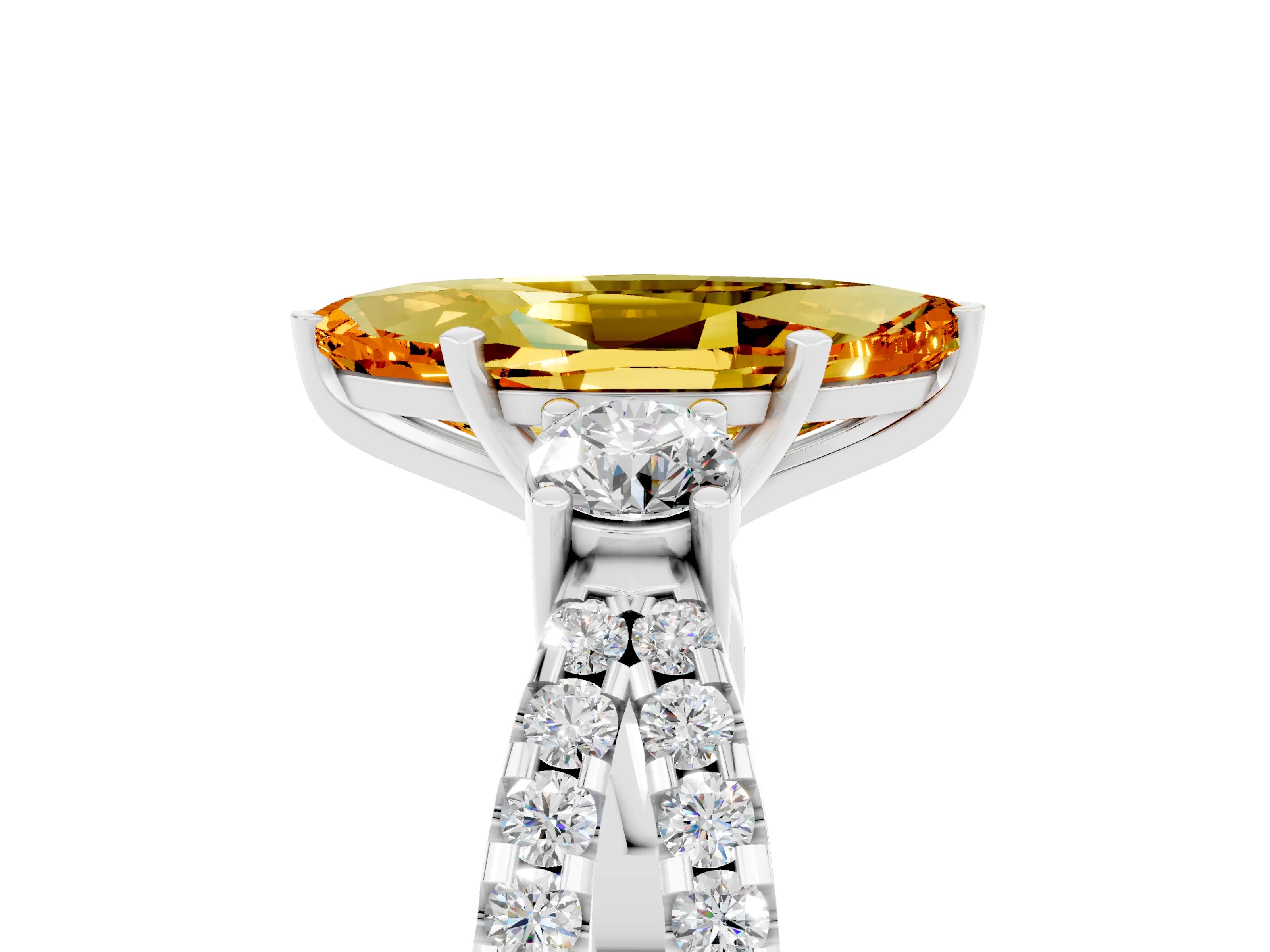White gold Marquise Cut Citrine Three-Stone Ring with Pavé Split Shank and Four-Prong Setting_17