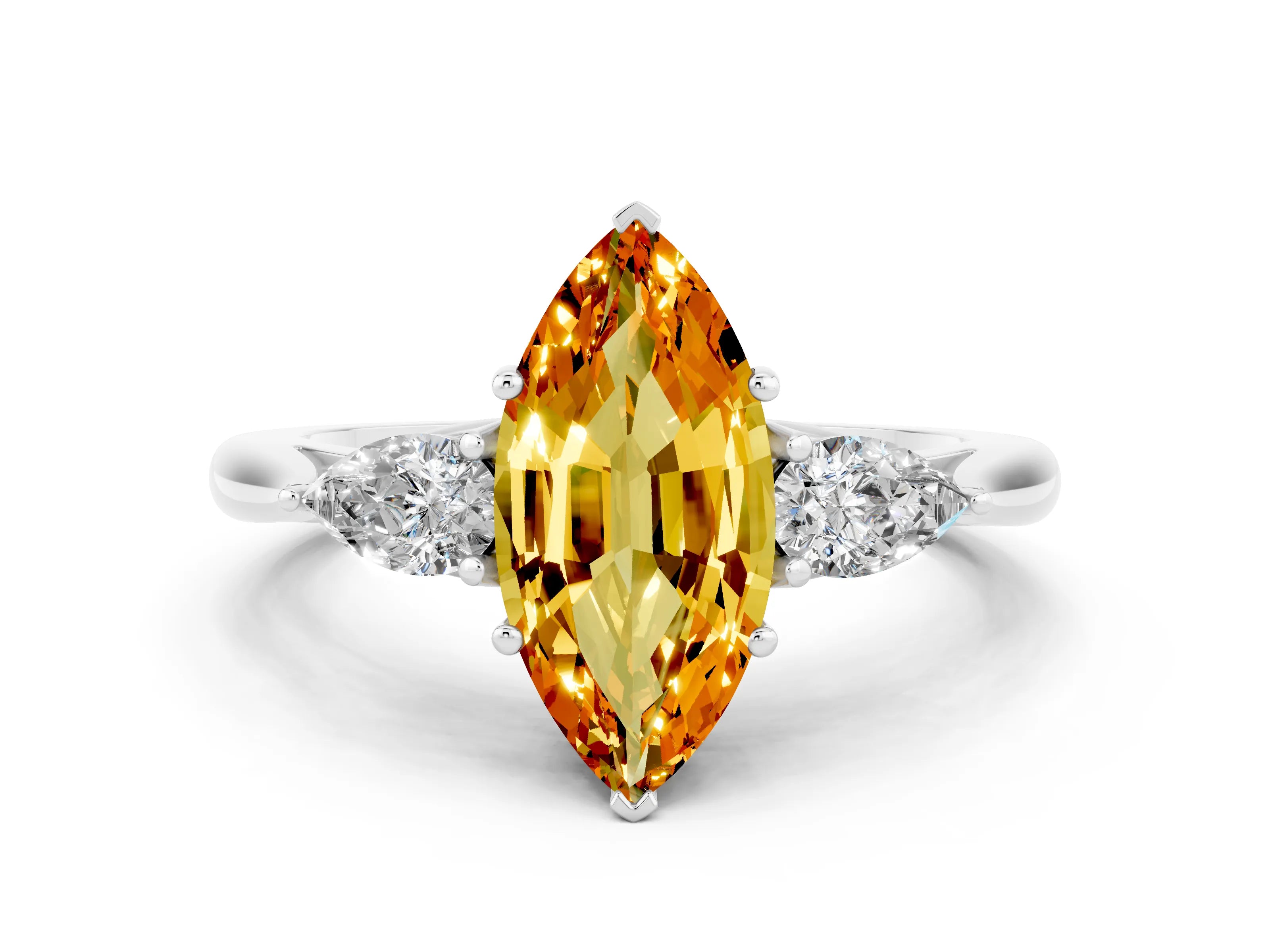 White gold Marquise Cut Citrine Three-Stone Ring with Pear Side Stones and Four-Prong Setting_12