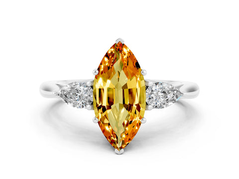 White gold Marquise Cut Citrine Three-Stone Ring with Pear Side Stones and Four-Prong Setting_12