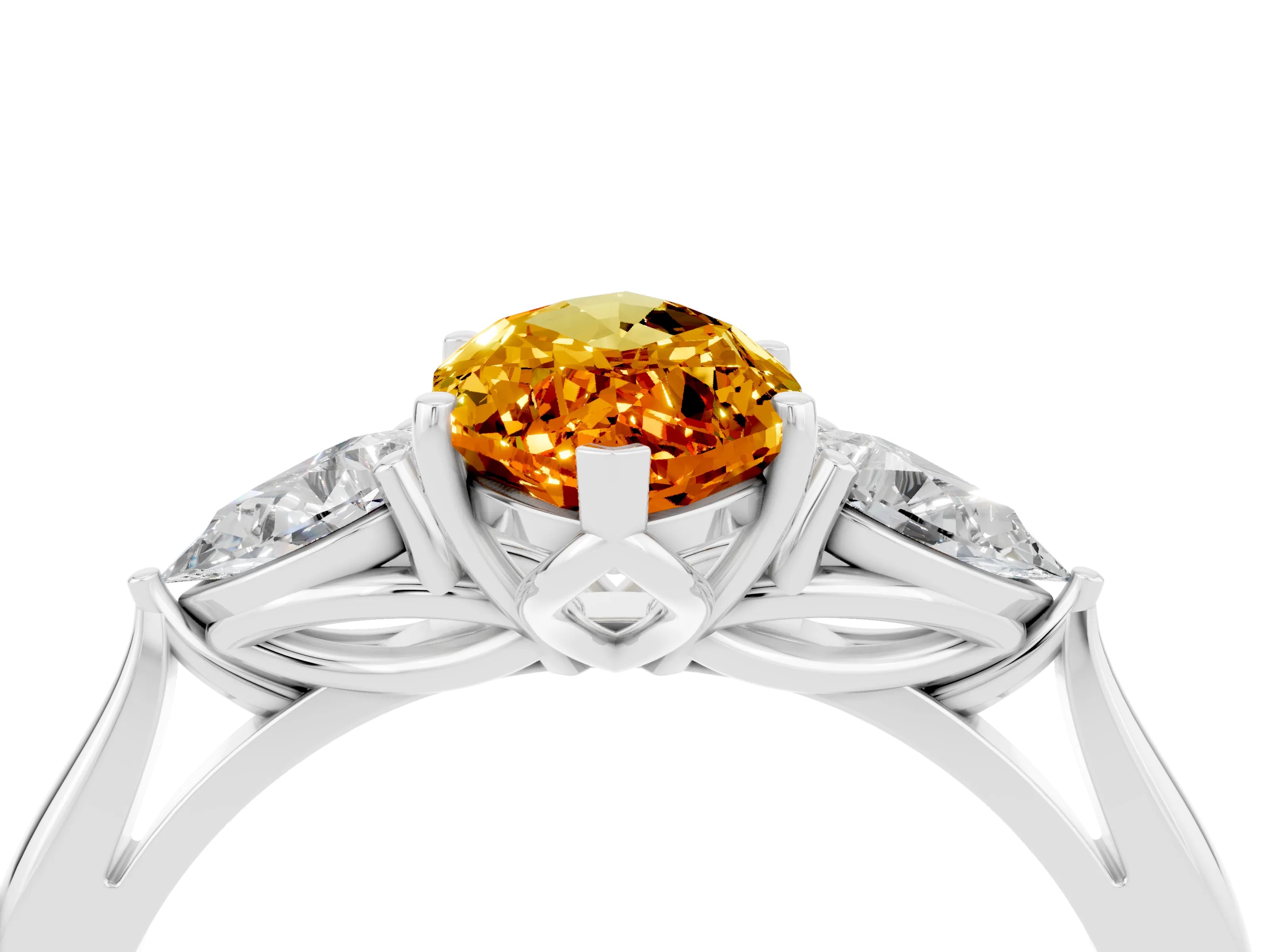 White gold Marquise Cut Citrine Three-Stone Ring with Pear Side Stones and Four-Prong Setting_16