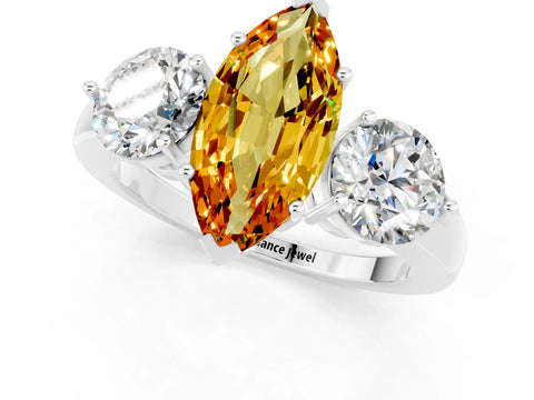 White gold Marquise Cut Citrine Three-Stone Ring with Prong Setting and Classic Band_1