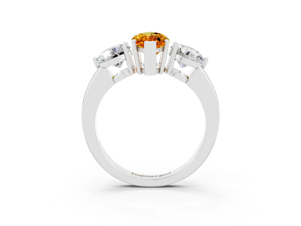 Platinum Marquise Cut Citrine Three-Stone Ring with Prong Setting and Classic Band