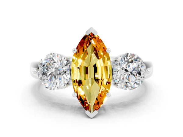 Silver Marquise Cut Citrine Three-Stone Ring with Prong Setting and Classic Band