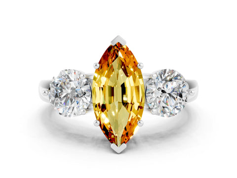 White gold Marquise Cut Citrine Three-Stone Ring with Prong Setting and Classic Band