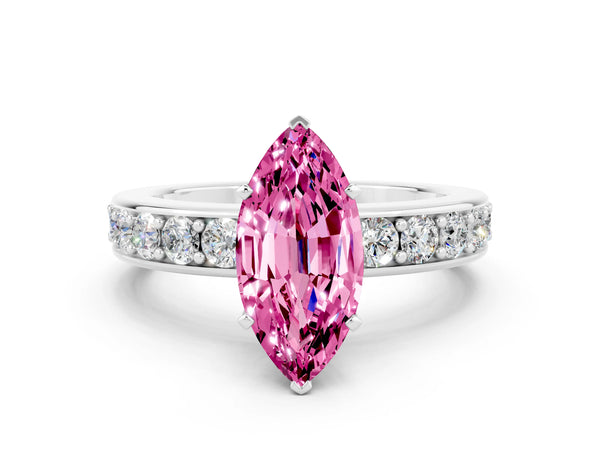 Silver Marquise Cut Pink Sapphire Engagement Ring with Channel Set Round  Band and Prong Setting