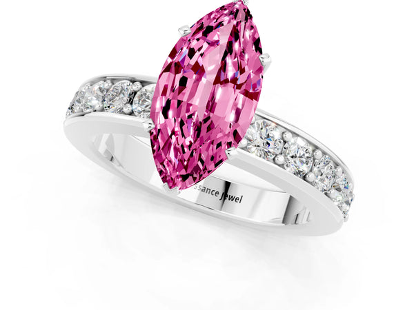 Silver Marquise Cut Pink Sapphire Engagement Ring with Channel Set Round  Band and Prong Setting