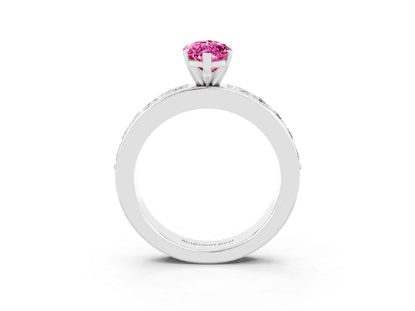 Silver Marquise Cut Pink Sapphire Engagement Ring with Channel Set Round  Band and Prong Setting