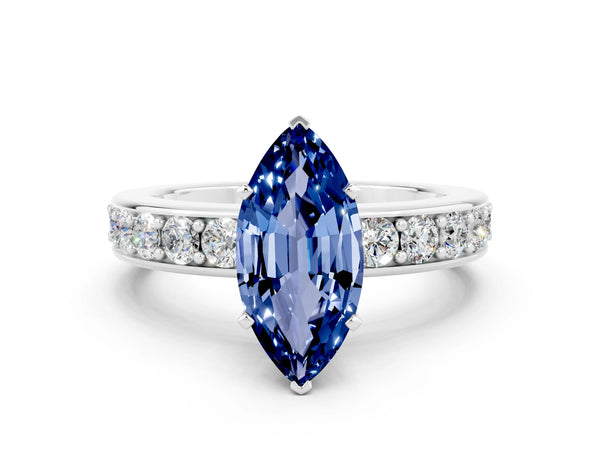 Silver Marquise Cut Blue Sapphire Engagement Ring with Channel Set Round  Band and Prong Setting
