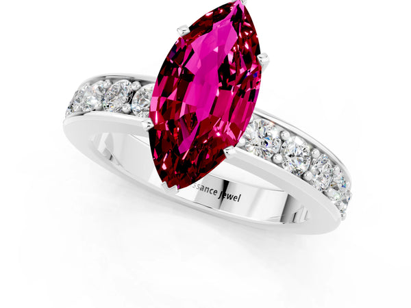 White gold Marquise Cut Garnet Engagement Ring with Channel Set Round  Band and Prong Setting