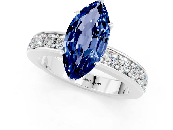 Silver Marquise Cut Blue Sapphire Engagement Ring with Channel Set Round  Band and Prong Setting