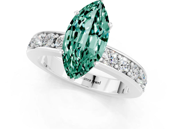 White gold Marquise Cut Green Sapphire Engagement Ring with Channel Set Round  Band and Prong Setting