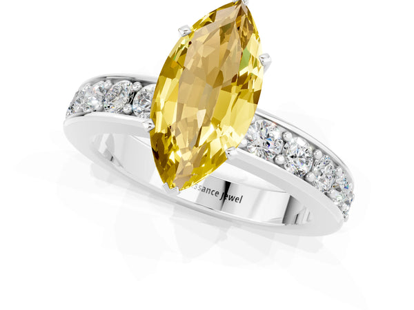 Silver Marquise Cut Yellow Sapphire Engagement Ring with Channel Set Round  Band and Prong Setting