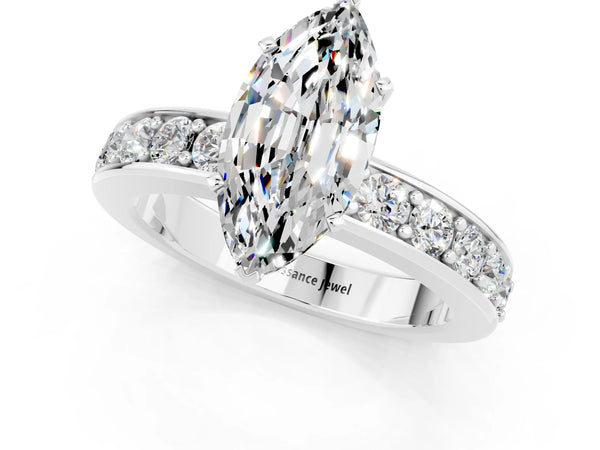 Platinum Marquise Cut Moissanite Engagement Ring with Channel Set Round  Band and Prong Setting