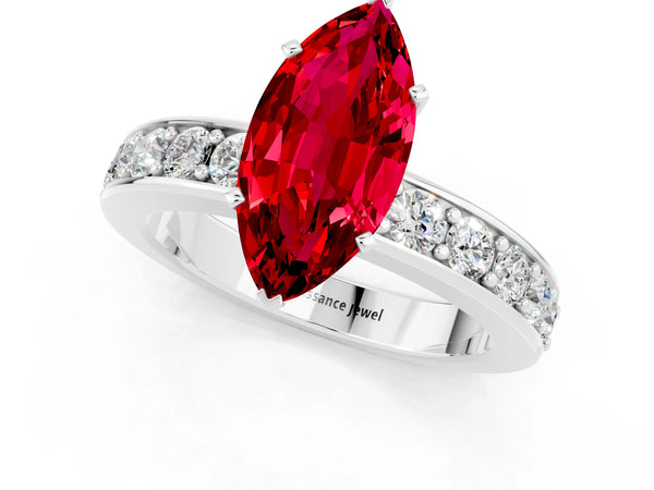 White gold Marquise Cut Ruby Engagement Ring with Channel Set Round  Band and Prong Setting