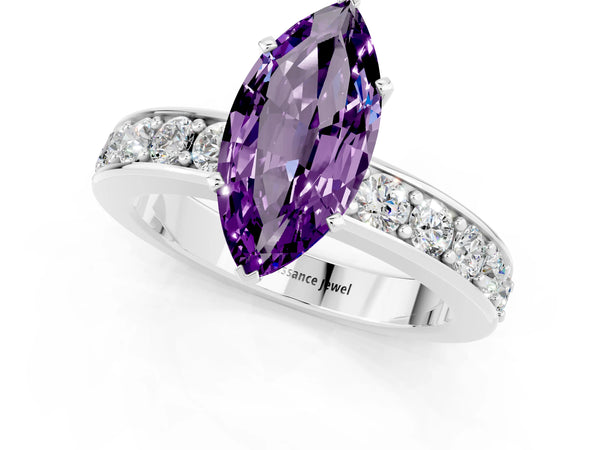 Silver Marquise Cut Amethyst Engagement Ring with Channel Set Round  Band and Prong Setting