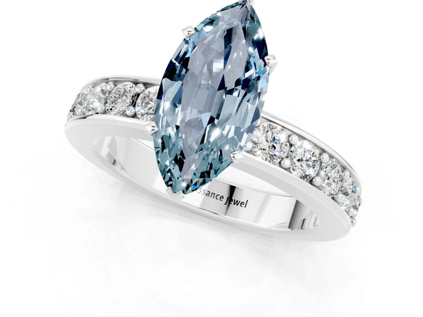 White gold Marquise Cut Aquamarine Engagement Ring with Channel Set Round  Band and Prong Setting